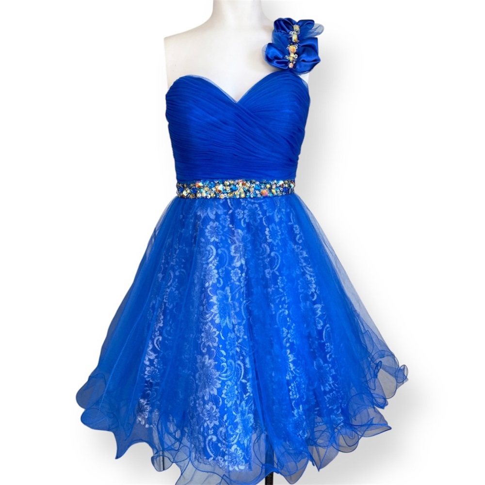 Cinderella Y2K 2010s royal blue short one shoulder formal dress